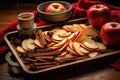 sliced apples and cinnamon sticks on a tray