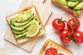 Sliced avocado on toast bread with spices on white wooden background. Food concept