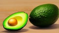 Sliced avocados close-up on the table. Avocado halves with a stone. Drawing of an avocado. Generated AI.