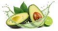 Sliced avocados and lime are surrounded by a splashing light green liquid on white Royalty Free Stock Photo