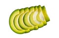 Sliced avocados on white, top view, copy space