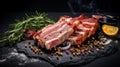 Sliced Bacon With Rosemary And Spices On Dark Stone Background