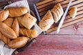 Sliced baguette and rolls on a buffet table Royalty Free Stock Photo