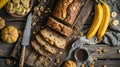 Sliced banana nut bread on a rustic table with ingredients and a knife.