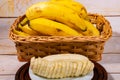 Sliced banana on a white plate on a wooden tray with a wicker basket with bananas in the background