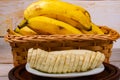 Sliced banana on a white plate on a wooden tray with a wicker basket with bananas in the background