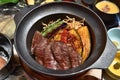 Sliced beef steak with fried vegetables cover rice Royalty Free Stock Photo