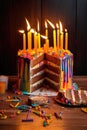 sliced birthday cake with lit candles