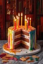 sliced birthday cake with lit candles