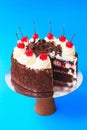 Sliced Birthday cake on the wooden cake stand. Beautiful sponge cake on the paper background. Copy space. Food photography for