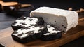 Sliced black and white cheese with marble effect on wooden board Royalty Free Stock Photo