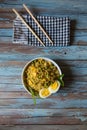 Sliced boiled eggs on a bowl of noodles Royalty Free Stock Photo