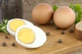 Sliced boiled eggs, with parsley leaves. Cooking a salad with boiled eggs Royalty Free Stock Photo