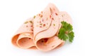 Sliced boiled ham sausage isolated on white background, top view Royalty Free Stock Photo