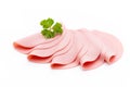 Sliced boiled ham sausage isolated on white background, top view