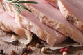 Sliced boiled pork macro on an old table. horizontal