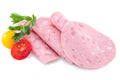 bologna slice piece boiled sausage. Sliced boiled sausage isolated