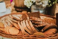 Sliced bread in a basket, artisan homemade bread in a rustic background