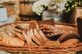 Sliced bread in a basket, artisan homemade bread in a rustic background