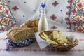 Sliced bread and butter in a wicker basket and a bottle milk. Royalty Free Stock Photo