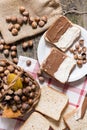 Sliced bread in plate with chocolate cream and nuts Royalty Free Stock Photo