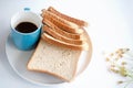 The sliced bread put beside blue ceramic coffee cup on white dish Royalty Free Stock Photo