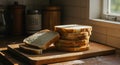 Sliced bread stack on wooden board with sunlight and kitchen background Royalty Free Stock Photo