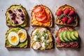 sliced breakfast bread with different toppings, seven types of sandwich food, health and wellness