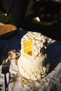 Sliced bridal cake under the sun Royalty Free Stock Photo