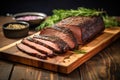 sliced brisket on a wooden board