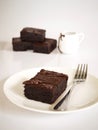 Sliced brownies on white plate. Served with chocolate fudge topp Royalty Free Stock Photo