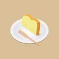 Sliced butter cake with wooden fork on dish vector.Bakery meal concept