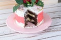 Sliced cake. Chocolate cake with mascarpone filling and Swiss meringue buttercream icing