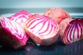 Sliced Candy Cane Beets, also known as Chioggia Beets, arranged on a baking tray. Royalty Free Stock Photo