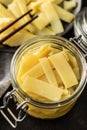 Sliced canned bamboo shoots in jar