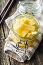 Sliced canned bamboo shoots in jar