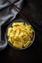 Sliced canned bamboo shoots on plate