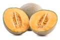 Sliced cantaloupe - Close up, clipping path, cut out. Beautiful tasty fresh ripe rock cantaloup melon fruit with seeds isolated on Royalty Free Stock Photo