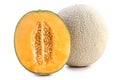 Sliced cantaloupe - Close up, clipping path, cut out. Beautiful tasty fresh ripe rock cantaloup melon fruit with seeds isolated on Royalty Free Stock Photo