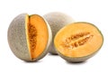 Sliced cantaloupe - Close up, clipping path, cut out. Beautiful tasty fresh ripe rock cantaloup melon fruit with seeds isolated on Royalty Free Stock Photo