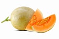 Sliced cantaloupe melon fruit isolated on white Royalty Free Stock Photo