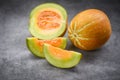 Sliced cantaloupe thai tropical fruit asian on dark background - Cantaloupe Melon Muskmelon Cucurbitaceae