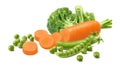 Sliced carrot, green peas and broccoli isolated on white background