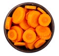 Sliced carrots in a bowl Isolated on white background. Fresh cut crisp pieces of  carrots, a root vegetable with orange color. Royalty Free Stock Photo