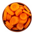 Sliced carrots in a bowl Isolated on white background. Fresh cut crisp pieces of  carrots, a root vegetable with orange color. Royalty Free Stock Photo