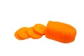 Sliced carrots with copy space on white background.