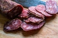 Chopped cervelat salami slices Royalty Free Stock Photo