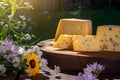 Sliced cheese on wooden table in sunny garden with wildflower. Celebration traditional holiday midsummer. Generative AI