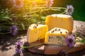 Sliced cheese on wooden table in sunny garden with wildflower. Celebration traditional holiday midsummer. Generative AI