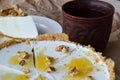 sliced cheesecake and tea in a clay cup on the table